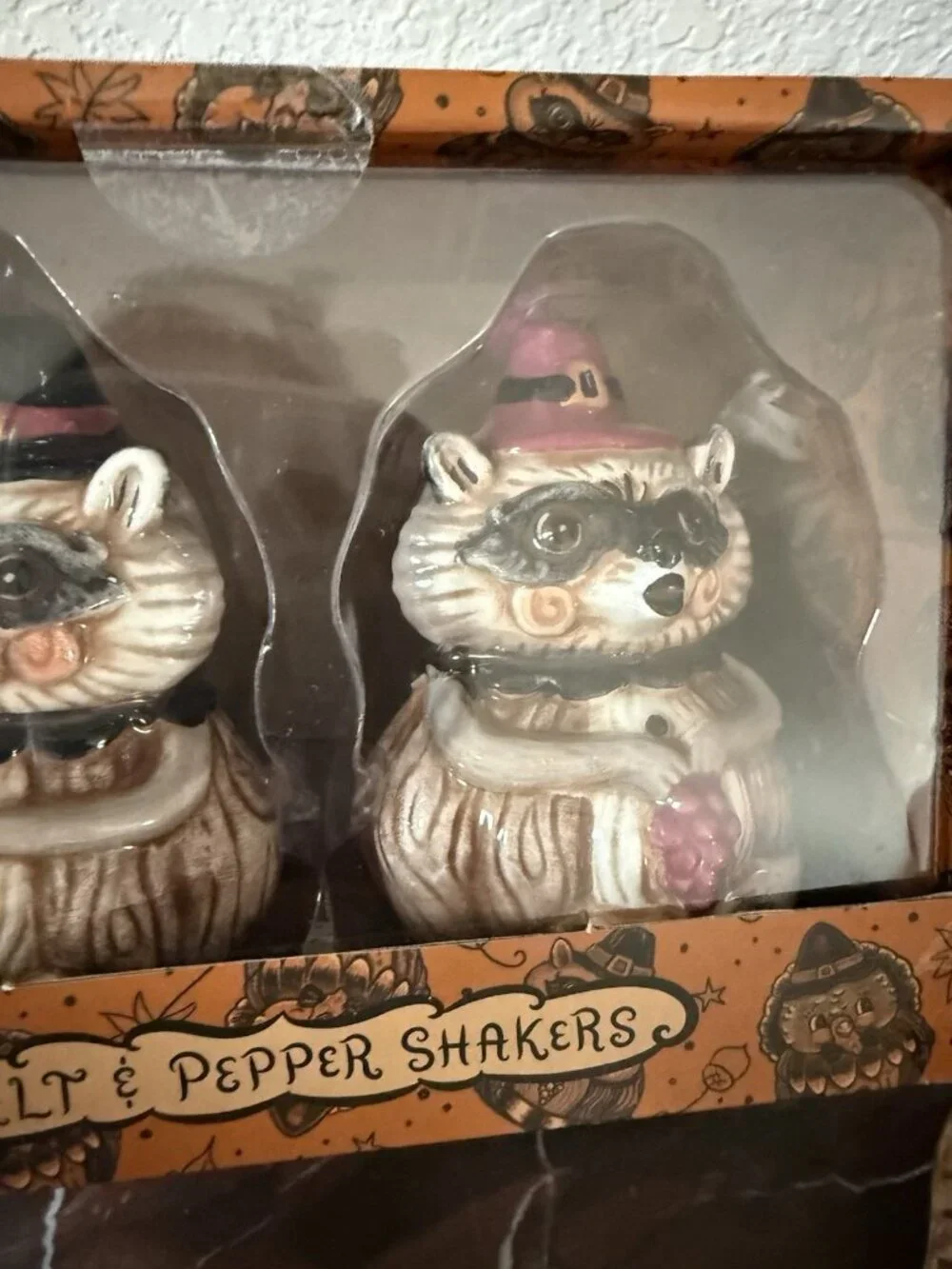 Johanna Parker Thanksgiving Pilgrim Sm Raccoon Jar Salt Pepper Shakers Set Table